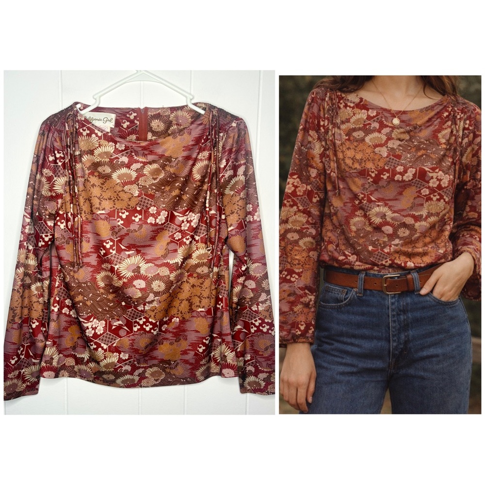 VINTAGE 70’s California Girl Floral Blouse Groovy Retro Tie Shoulder Costume